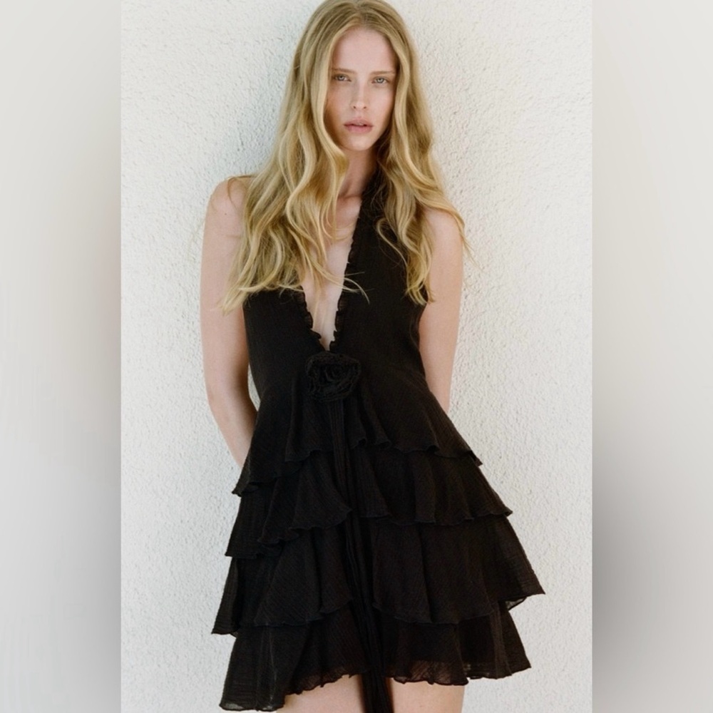 NWT Zara Textured Floral Cotton Gauze Dress in Black size S